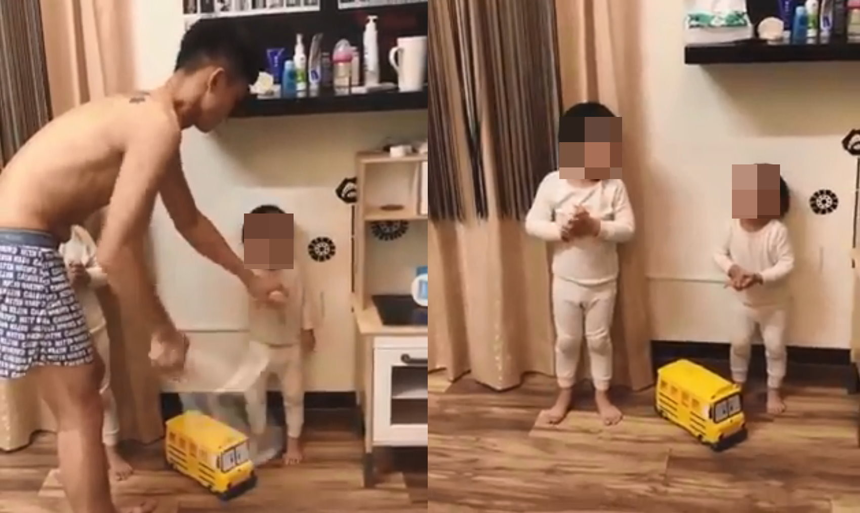 彰化一對網紅夫妻上傳拿吸塵器嚇小孩，用衣架打小孩手的影片，引發網友質疑虐童。（圖／翻攝臉書）