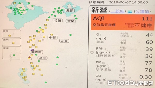 ▲環保署公布全國空氣品質監測指標，全國只有台南市新營站及安南站，其空氣品質監測指標呈現「橘害」的「橘色不佳警示」。（圖／記者林悅翻攝）