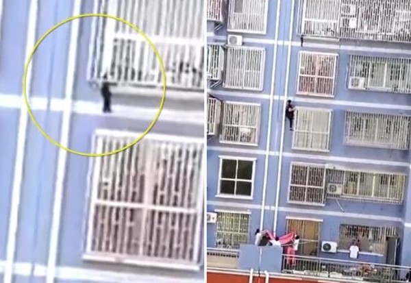 2歲童卡5樓窗框懸空，退伍軍人徒手爬救人。（圖／翻攝自梨視頻）