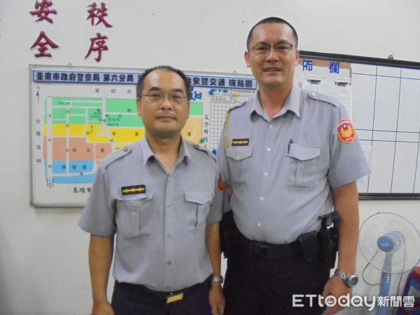 ▲台南市警六分局灣裡派出所警員楊震懋（右）、許先智等人，協助迷途弱智少女平安返家。（圖／警方提供）