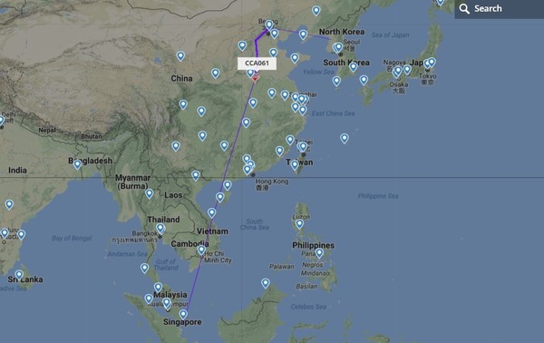 ▲▼ 中國國際航空CA61班機自北京飛往平壤，再返回北京後，飛往新加坡，機上疑似載有北韓領導人金正恩。（圖／翻攝自翻攝flightradar24網站）