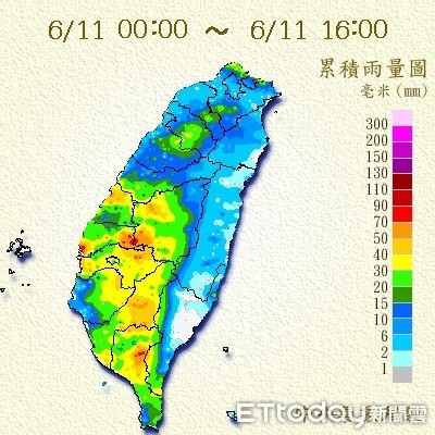 ▲台南各地陸續有降雨，其中以白河的大凍山降雨最多，累積雨量有56毫米。（圖／記者林悅翻攝）