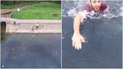 被逼出極限！無人機沒電往河中央墜　男子狂奔猛游泡水前一秒接住