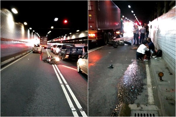 ▲▼高雄過港隧道發生死亡車禍，黃牌重機與曳引車擦撞，騎士慘遭輾斃身亡。（圖／翻攝臉書社團「聯結車 大貨車 大客車 拉拉隊 運輸業 照片影片資訊分享團」）