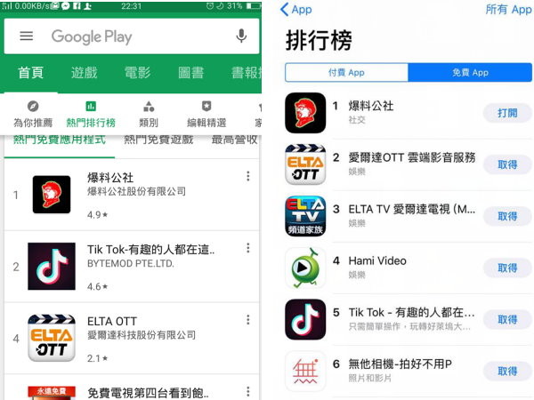 ▲▼爆料公社App正式開放下載，立刻高掛iOS免費下載第一名與安卓Google Play商店熱門排行榜第一名。（圖／翻攝自iOS App Store、Google Play）