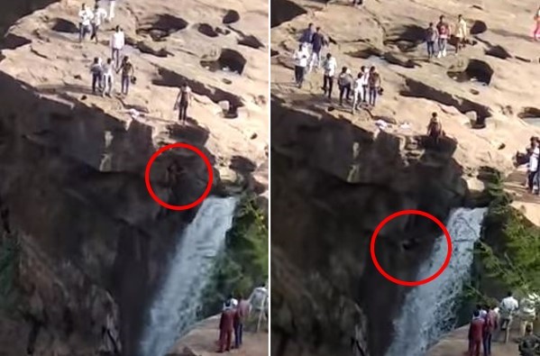 醉男攀峭壁與瀑布自拍，當場摔死。（圖／翻攝自YouTube／NADEEM KALEPEERZADE）