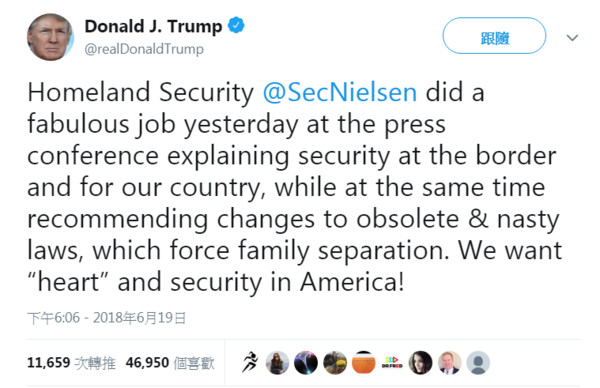 ▲▼ 美國總統川普19日在推特幫國土安全部長尼爾森（Kirstjen Nielsen）說話。川普推特語錄。（圖／翻攝自推特／realDonaldTrump）