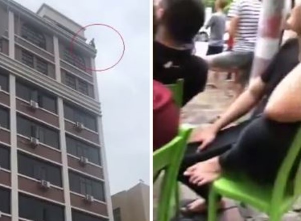 坐11樓頂輕生男3小時不跳，圍觀群眾搬椅子等。（圖／翻攝自鳳凰網視頻）