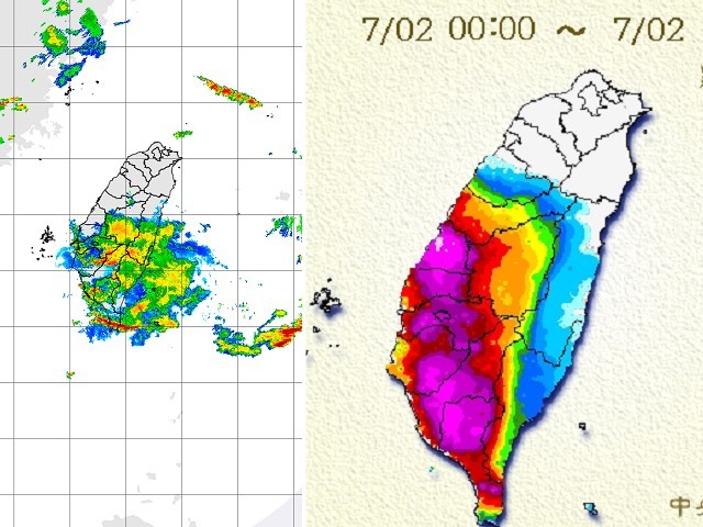 ▲西南氣流加上水氣導致彰化、嘉義降大豪雨。（圖／翻攝中央氣象局）