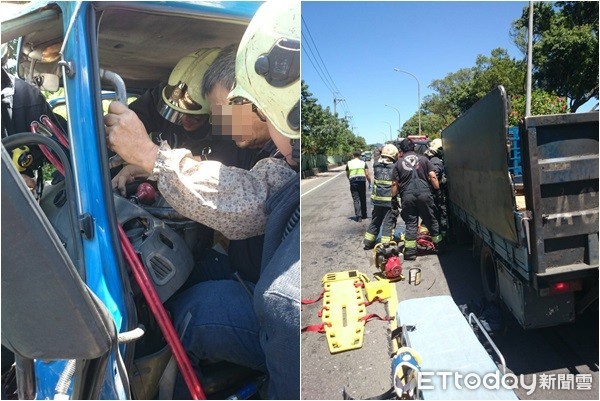 ▲▼貨車駕駛受困車內，救護人員到場協助脫困。（圖／記者陳豐德翻攝）