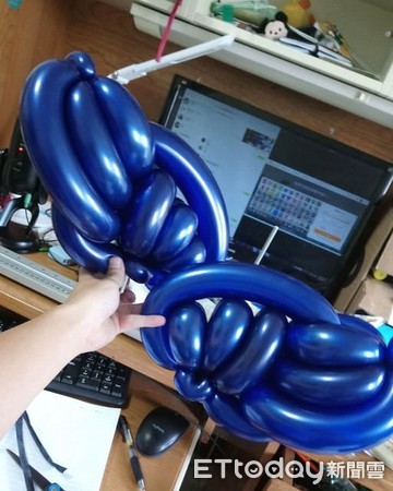 ▲▼造型氣球藝術家宋俊霖創作「台灣藍鯨」過程，以及正在比賽的作品「台灣寬尾鳳蝶」。（圖／宋俊霖授權提供，請勿隨意翻拍，以免侵權。）