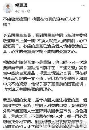 ▲楊麗環針對外傳楊敏盛「換盛」、怒辭主委情事，臉書痛批楊敏盛三失！（資料照／藍天志工團提供）