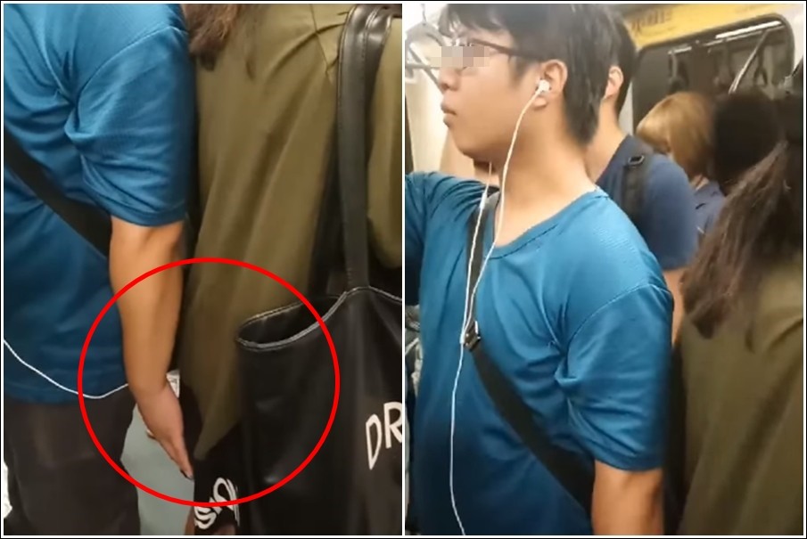 ▲捷運上竟然有一名男子偷摸身後女性的臀部。（圖／翻攝自爆料公社）