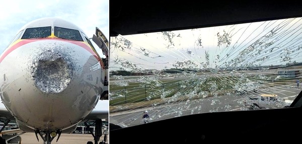 ▲▼天津航空A320客機9800米遭遇雹擊 雷達失效風擋被擊裂。（圖／翻攝自航空事微博）
