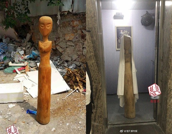 ▲警方獲報後表示，該木雕可能是居民惡作劇所丟棄。（圖／翻攝自楚天都市報）