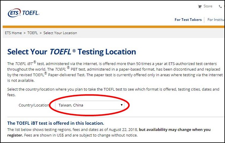 ▲▼ 托福考試報名網站在「國家/地區」選項中，把台灣標示成「中國台灣」（Taiwan,China）。（圖／翻攝自TOEFL官網）
