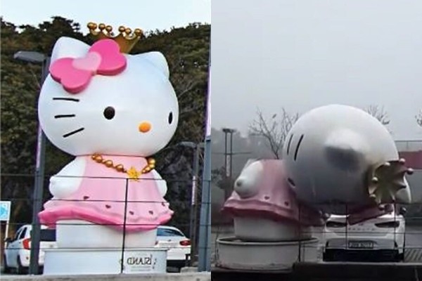▲▼ 濟州島Hello Kitty博物館大型凱蒂貓因為颱風斷頭。（圖／翻攝自臉書、推特）