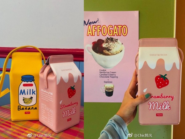 ▲草莓牛奶、香蕉牛奶背包（圖／翻攝自Chic韓風微博）