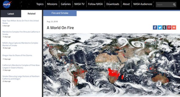 ▲NASA 23日公布一張衛星影像，許多地區都有乾火燃燒現象。（圖／翻攝自NASA官網）