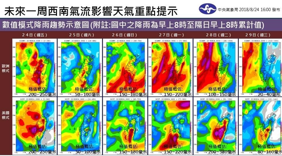 ▲▼西南氣流報到！南台灣「致災大豪雨」　4天狂灌900毫米水炸彈。（圖／中央氣象局）