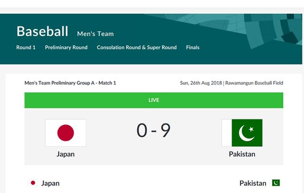 ▲雅加達亞運官網誤植棒球賽日本落後巴基斯坦。             （圖／翻攝自亞運官網）
