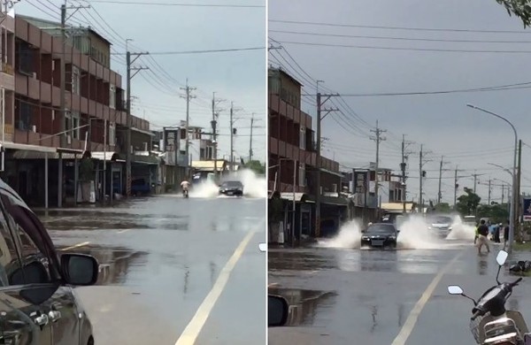 嘉義布袋駕駛經過積水噴濕路人。（圖／翻攝自爆料公社）