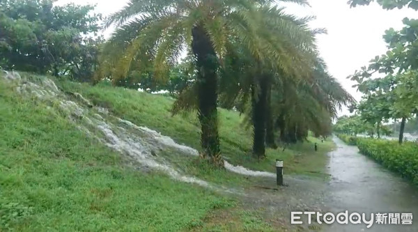 ▲▼高雄續暴雨，海韻露營區大積水，水淹過草皮驚見「瀑布」。（圖／記者宋德威翻攝）