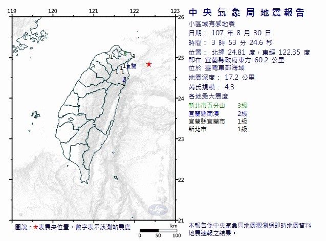 ▲▼宜蘭外海30日凌晨3時53分發生芮氏規模4.3有感地震。（圖／中央氣象局）