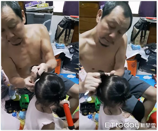 ▲小剋星捧手心疼！帥阿公綁啾啾「超認真分線」。（圖／網友張培培提供）