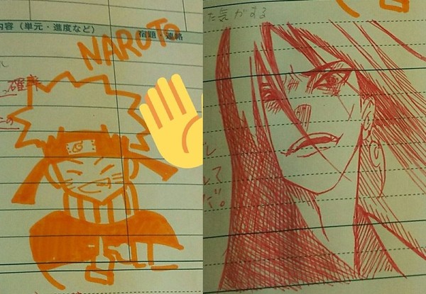 ▲▼ 日本師生在日誌簿上面畫了火影忍者人物，照片被推特網友熱議瘋傳。（圖／翻攝自推特／2LQgeW9dKjvGR1b）