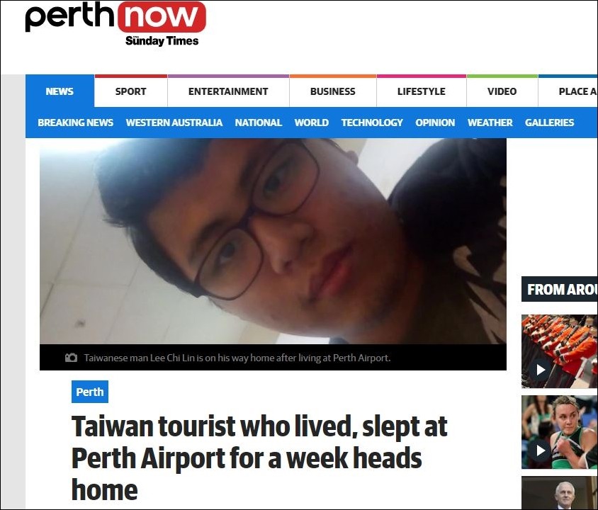 ▲一名台灣李姓男子睡在澳洲伯斯機場（Perth Airport）一星期。（圖／翻攝自Perth Now網站）
