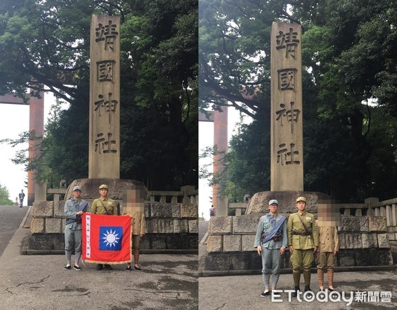 ▲▼留學生「靖國神社」高舉陸軍旗：向中華民國抗戰先烈致敬。（圖／王聖霖授權使用）