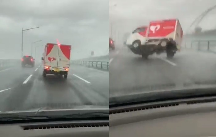 ▲▼小貨車在高速公路上被颱風吹翻。（圖／推特@hauti_3444）