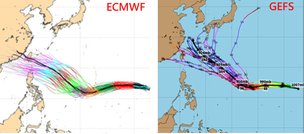 ▲▼ 最新(7日20時)歐洲系集模擬(ECMWF 左圖)顯示，其系集成員大都比美國系集模擬(GEFS右圖)的成員偏南；所以，即使完整考慮各模式系集模擬的「不確定性」，下週六(15日)起三天，其威脅台灣的機率相當高。 。（圖／翻攝自「三立準氣象·老大洩天機」專欄）