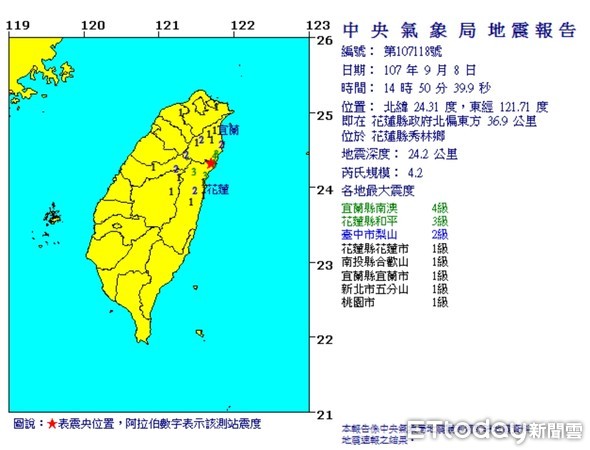 ▲8日下午2點50分規模4.2地震，宜蘭最大震度雖達4級，尚無災情傳出。（圖／記者游芳男翻攝）