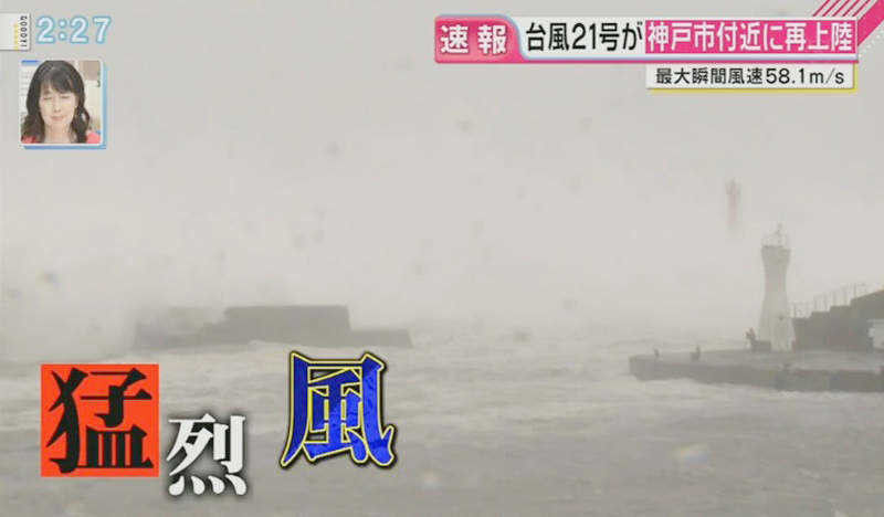 ▲▼日本記者遇到颱風站都站不住...但旁邊路人全都超淡定。（圖／富士電視台新聞截圖）