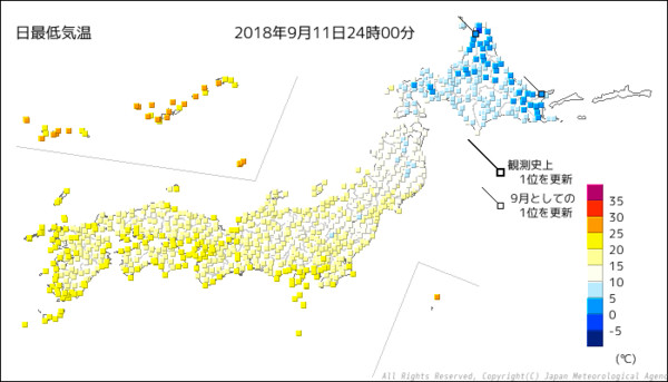 ▲▼日本提早轉冷，北海道大多地區低溫跌破10度。（圖／日本氣象廳）
