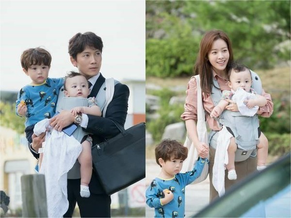池晟（左）、韓志旼在《認識的妻子》中，職場、育兒兩頭燒而成為怨偶。（tvN提供）