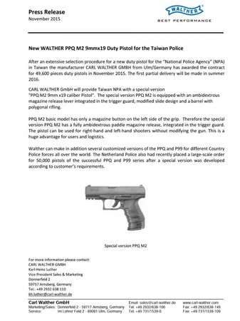 ▲▼Walther官網發出新聞稿，寫明提供台灣警政署一把特別版的PPQ M2手槍。（圖／翻攝自Walther官方網站）