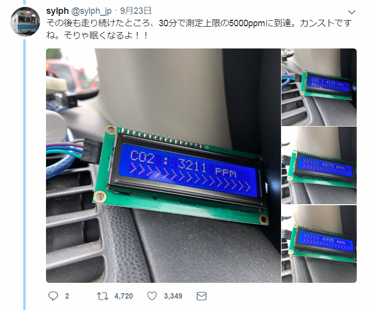 ▲▼日本網友自製二氧化碳濃度測量器，發現車內濃度令人想睡、提高車禍率。（圖／翻攝自推特，sylph_jp）
