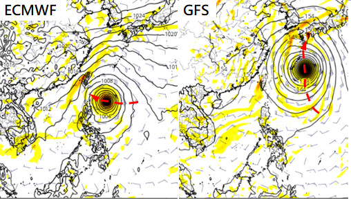 ▲▼歐洲模式(左)的模擬位置在呂宋島東北方海面，向西北西移動；美國模式(右)的模擬位置則在琉球海面，偏北迴轉(紅虛線為模擬路徑示意)。（圖／翻攝自「三立準氣象&middot;老大洩天機」）