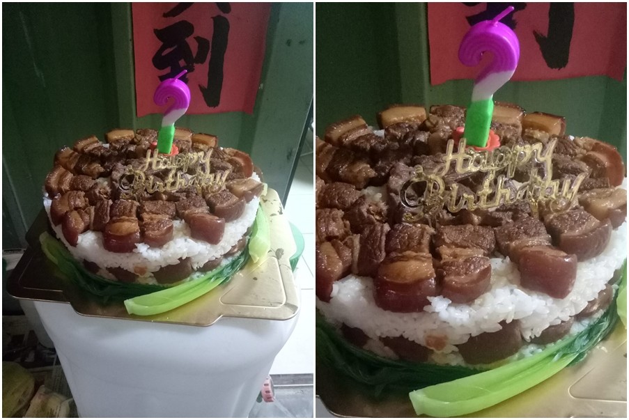 ▲老公生日，她做出了「控肉蛋糕」。（圖／爆料公社官網）