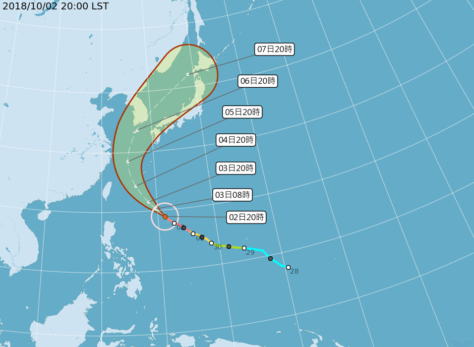 ▲氣象局預測康芮颱風過去這幾個小時移動偏東，朝日本韓國的方向前進。（圖／翻攝中央氣象局網站）
