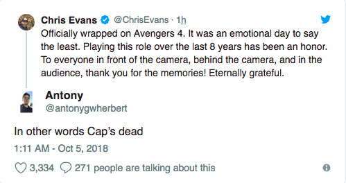 ▲▼「美國隊長」克利斯伊凡斯正式告別。（圖／翻攝自Twitter／Chris Evans）