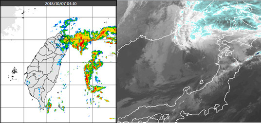 ▲▼今(7)日 4：10雷達回波合成圖(左圖)顯示，台灣東方海面上有降水回波延伸到東北部陸地。 今晨3：20紅外線衛星雲圖(右圖)顯示，「康芮」於2時已變性為溫帶氣旋，正在日本海，朝北海道快速前進。（圖／翻攝洩天機教室）