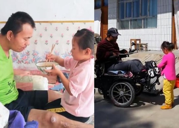 ▲寧夏海原縣一名6歲女童照顧癱瘓父親田海成。（圖／翻攝自北京青年報）