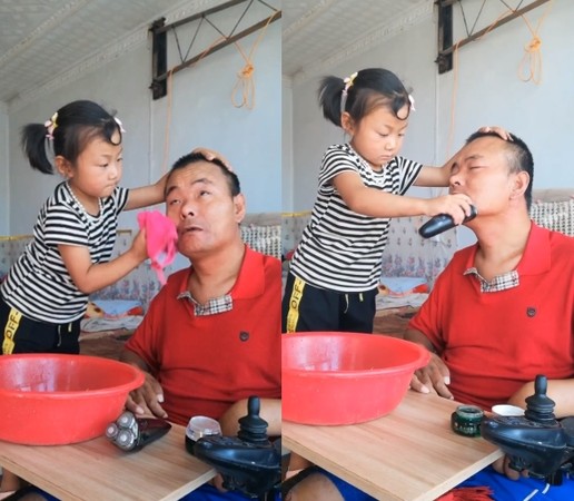 ▲寧夏海原縣一名6歲女童照顧癱瘓父親田海成。（圖／翻攝自「頑強逆戰」快手直播）