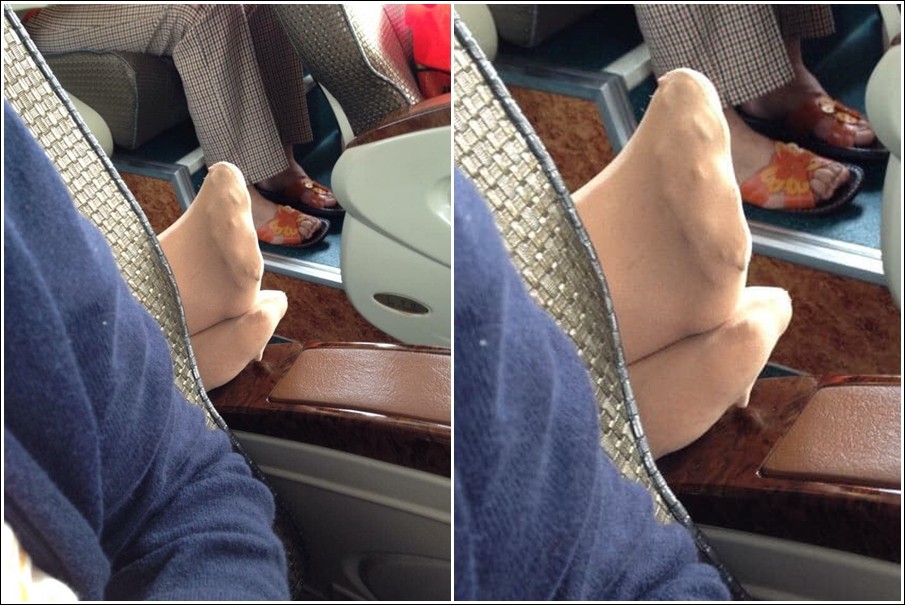 ▲大媽乘客在客運上脫掉鞋子，雙腳跨在前方座椅上。（圖／翻攝自爆廢公社）