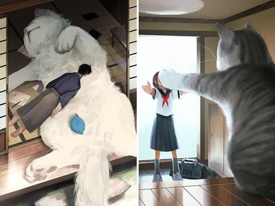 「喵吉拉」與人類共處！日本畫師讓你能正大光明的吸貓了