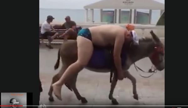 ▲▼一名男子在俄羅斯索契海灘被拍到喝醉攤在驢子上，毫無意識。（圖／翻攝自Truths Stranger Youtube）